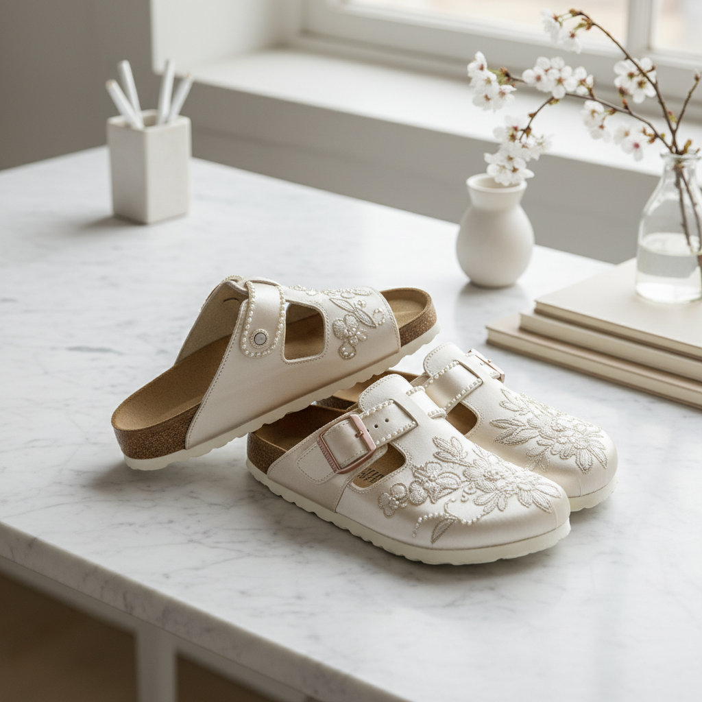 Editorial product photo for: Birkenstock x Danielle Frankel: Bridal Clogs Arrive