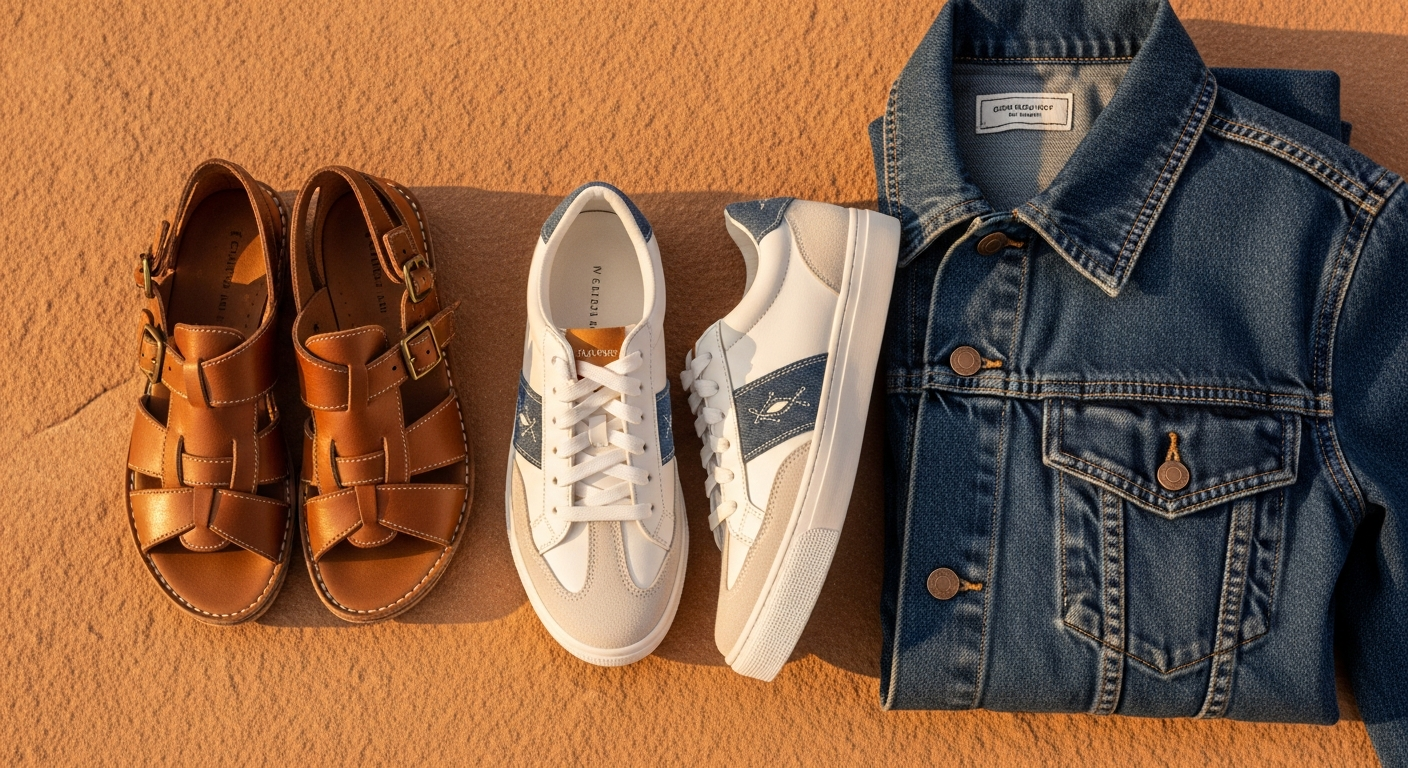 Western-inspired comfort footwear flat-lay featuring sandals, sneakers, and denim jacket on desert sandstone
