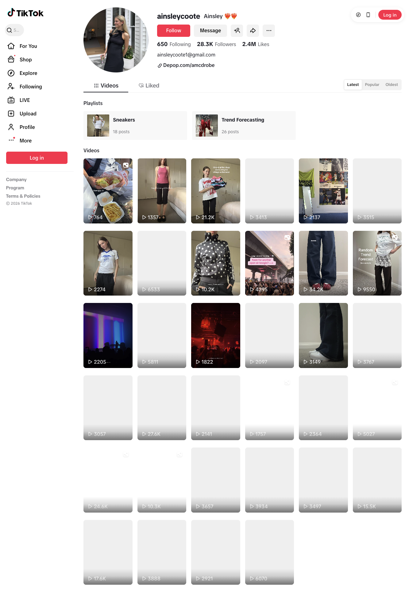 Ainsley Coote TikTok profile with trend forecasting and sneaker content