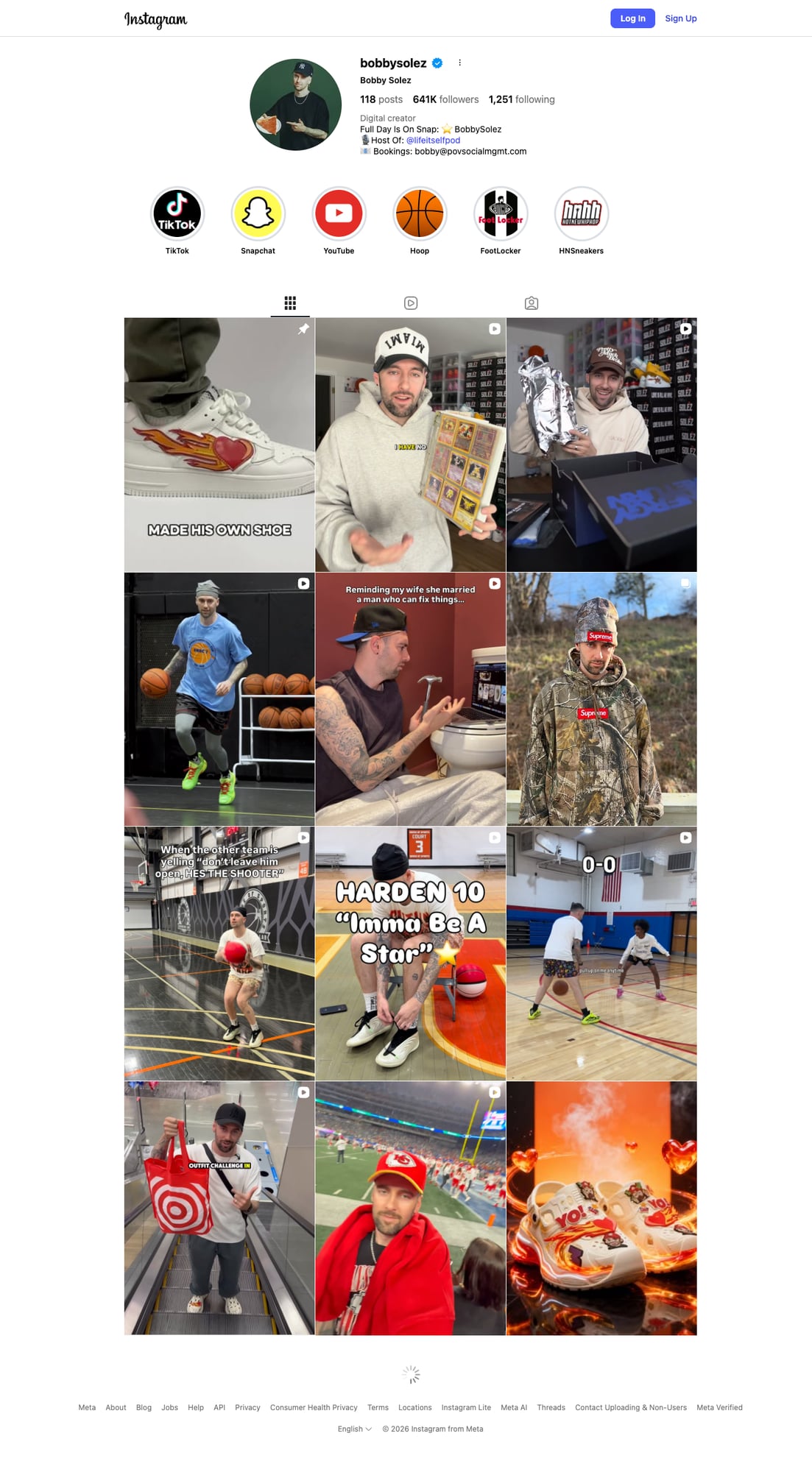 Bobby Solez Instagram profile showing basketball sneakers and lifestyle fits