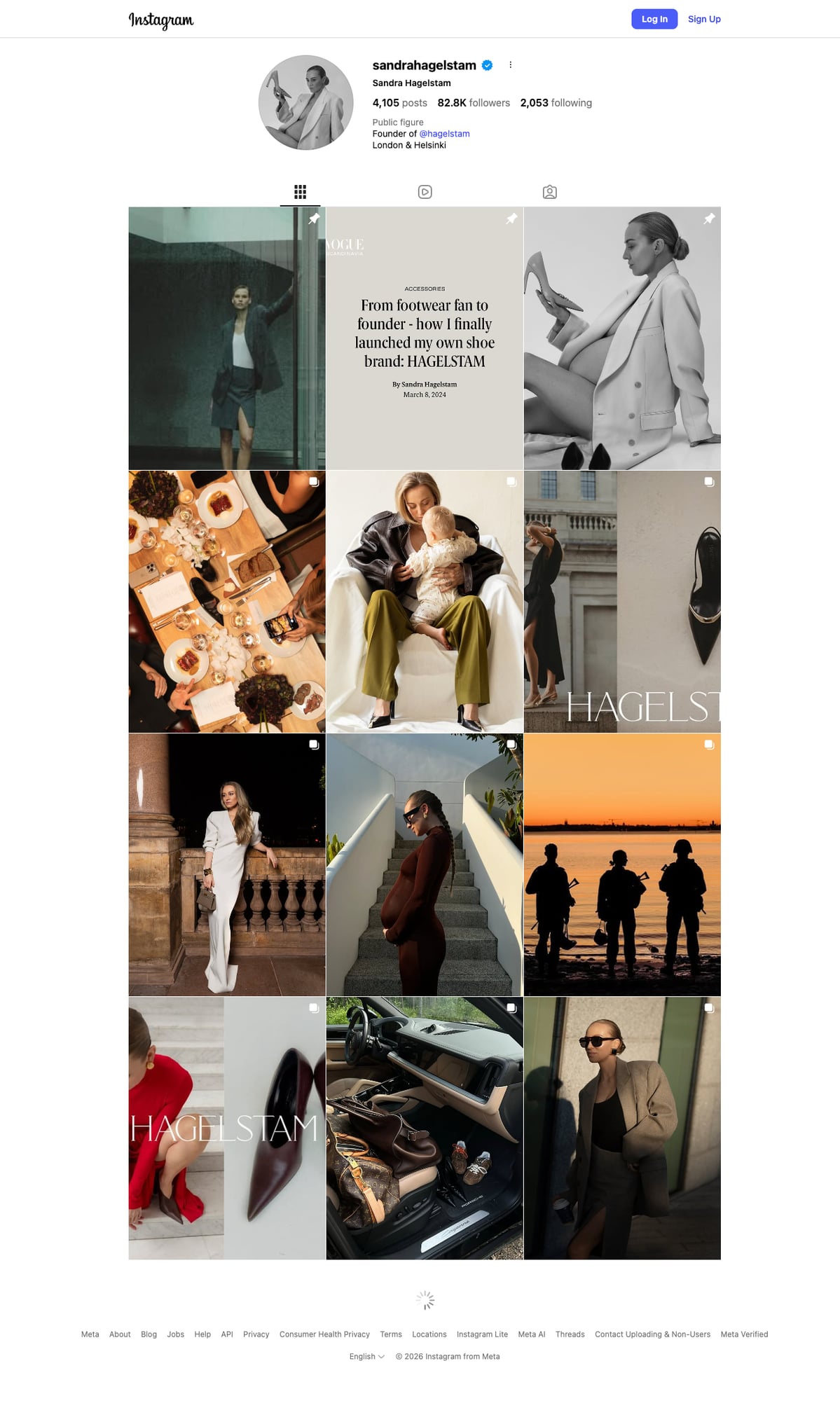 Sandra Hagelstam Instagram profile showcasing luxury women's footwear and her HAGELSTAM brand