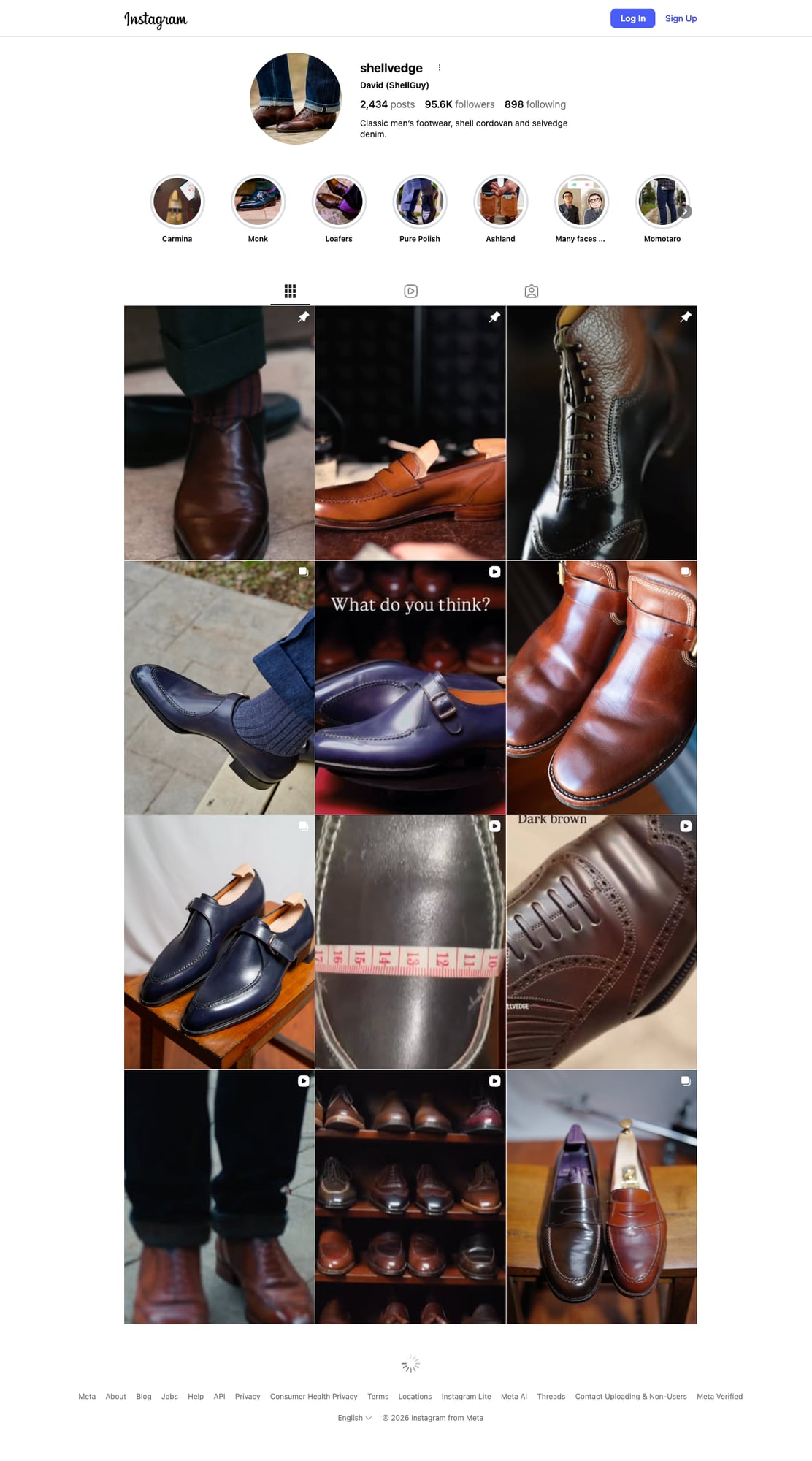 Shellvedge Instagram profile featuring shell cordovan leather shoes and boots